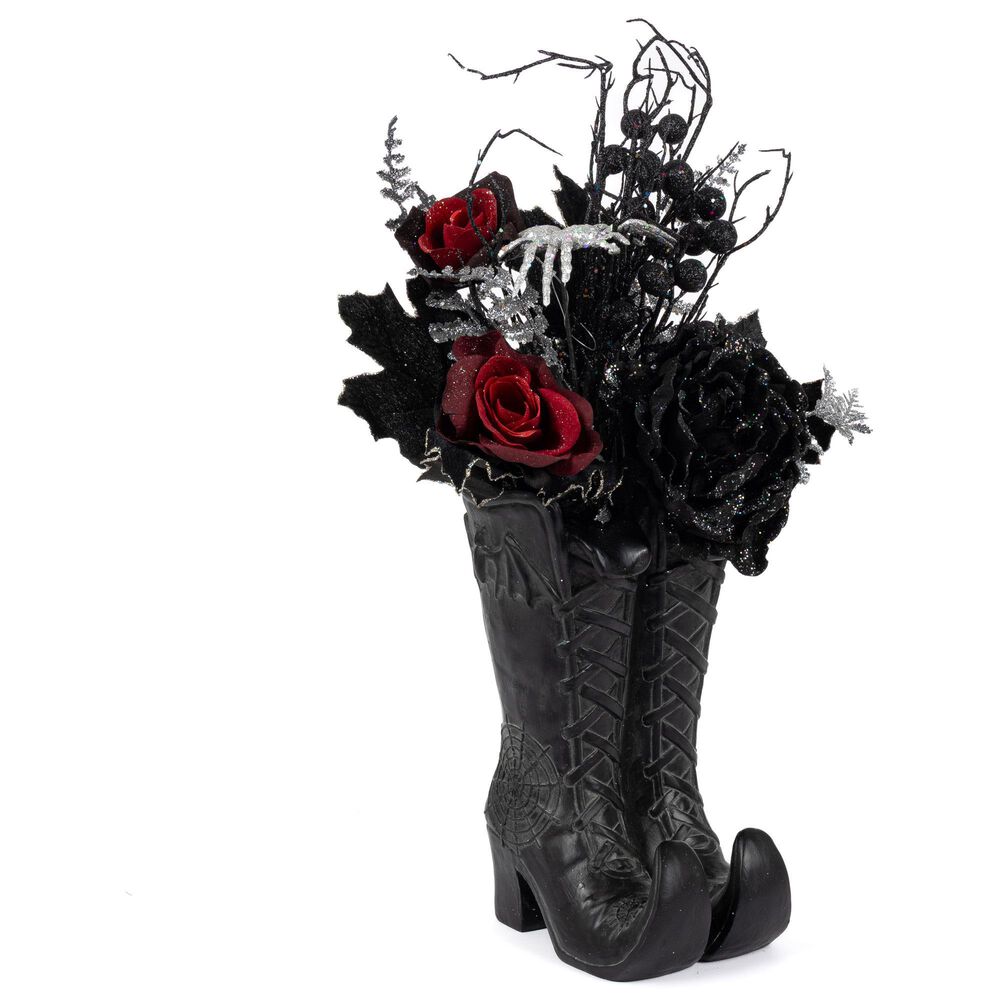 The Gerson Company 22&quot;H Resin Halloween Witch Boots with Floral Arrangement in Black, , large