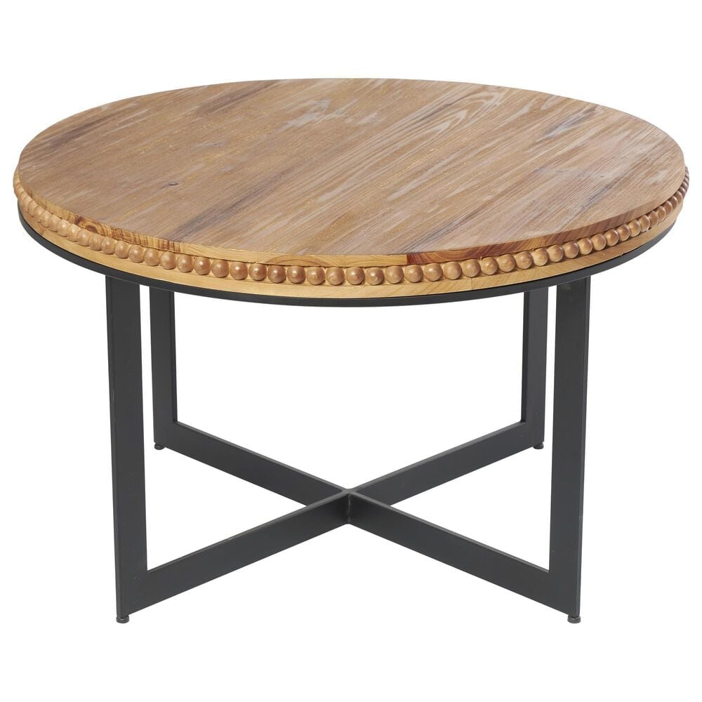 Maple and Jade Beaded Coffee Table with Metal X-Shaped Base in Washed Brown and Black, , large