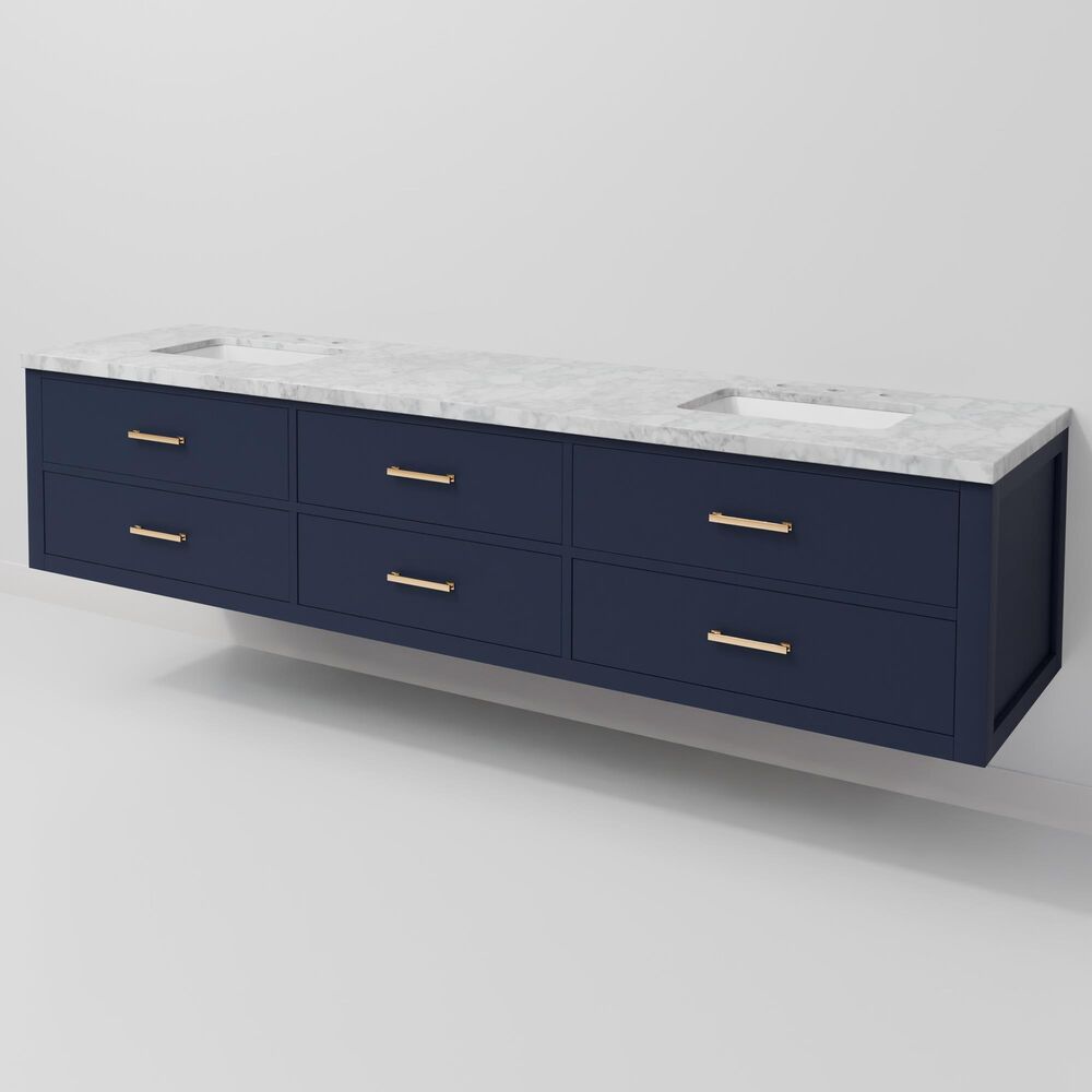 Lexora Home Castor 84" Double Bathroom Vanity in Blue with 2 cm White Carrara Marble Top and Rectangular Sinks, , large