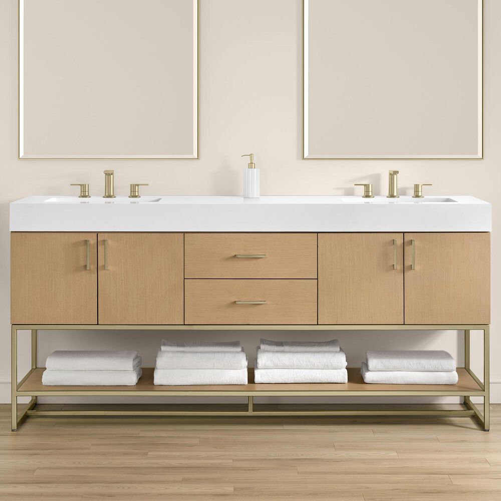 37B Mauri 72" Double Bathroom Vanity with Metal Base in Warm Oak with High-Profile 4" White Composite Stone Top, , large