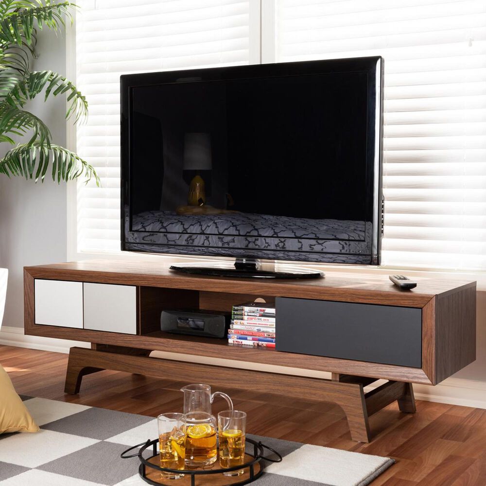 Baxton Studio Svante 3-Drawer 63" TV Stand in Walnut, White, and Gray, , large