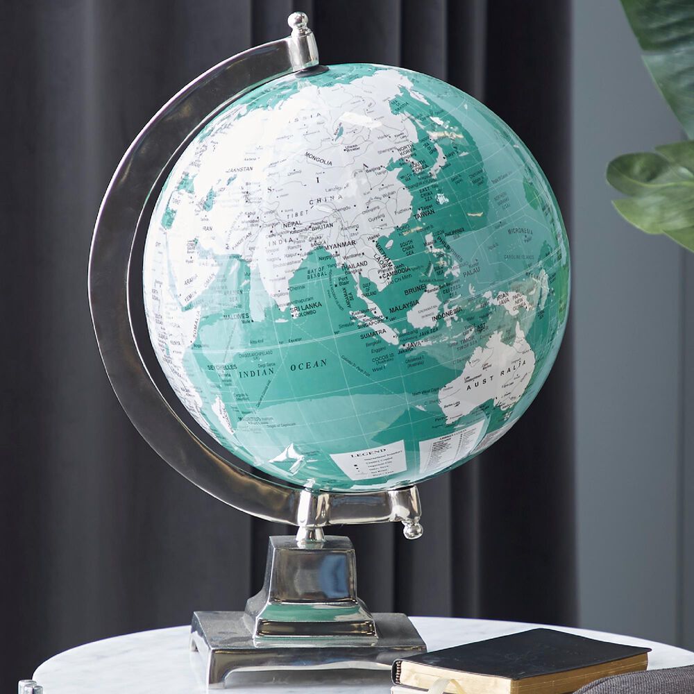 Maple and Jade 12&quot; x 18&quot; Globe in Teal, White and Silver, , large