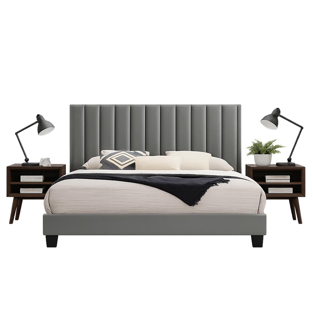 Mayberry Hill Coyote King Upholstered Platform Bed and Two Nightstands Set in Carroll Grey, , large