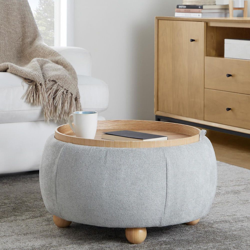 Lumisource Tray Storage Pouf with Leg in Light Grey, , large