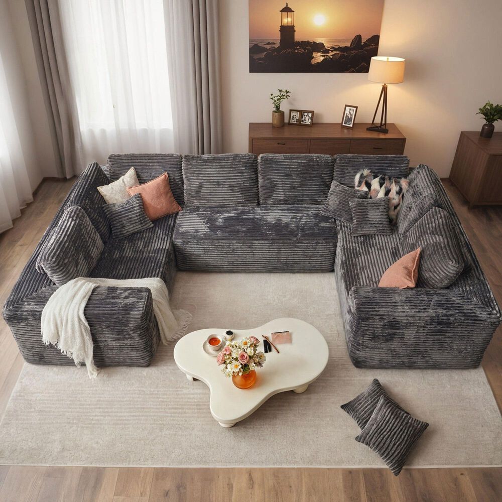 HOMLUX Modular Sectional Cloud Couch, Plush Corduroy U Shaped Sofa with Chaise, Big Comfy Couches Set in Grey, , large