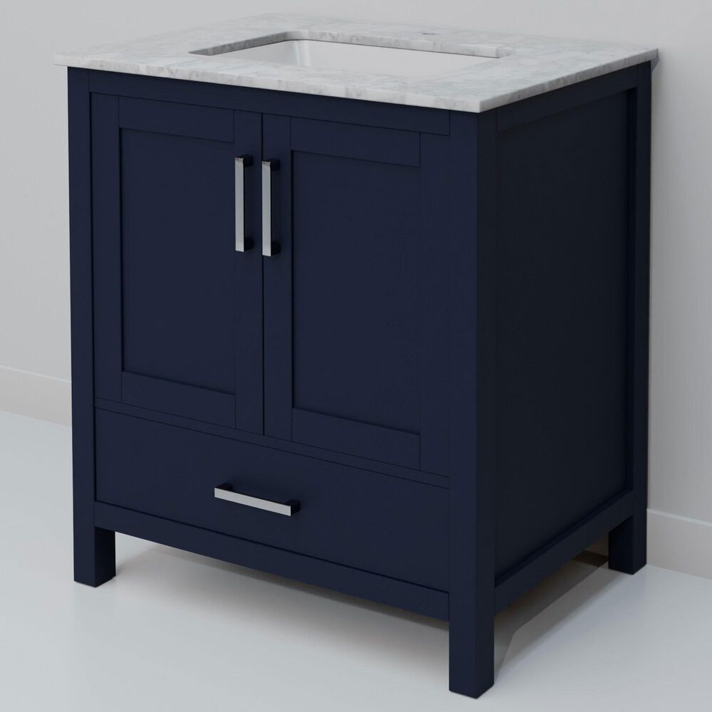 Lexora Home Jacques 30" Single Bathroom Vanity in Navy Blue with 2 cm White Carrara Marble Top and Rectangular Sink, , large