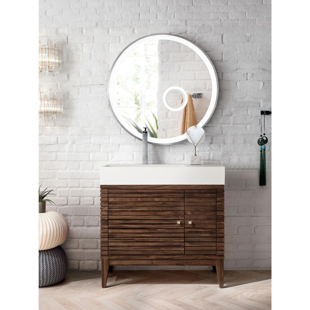 James Martin Vanities Linear 36&quot; Single Bathroom Vanity in Mid Century Walnut with 13 cm Glossy White Solid Surface Top and Rectangular Sink, , large