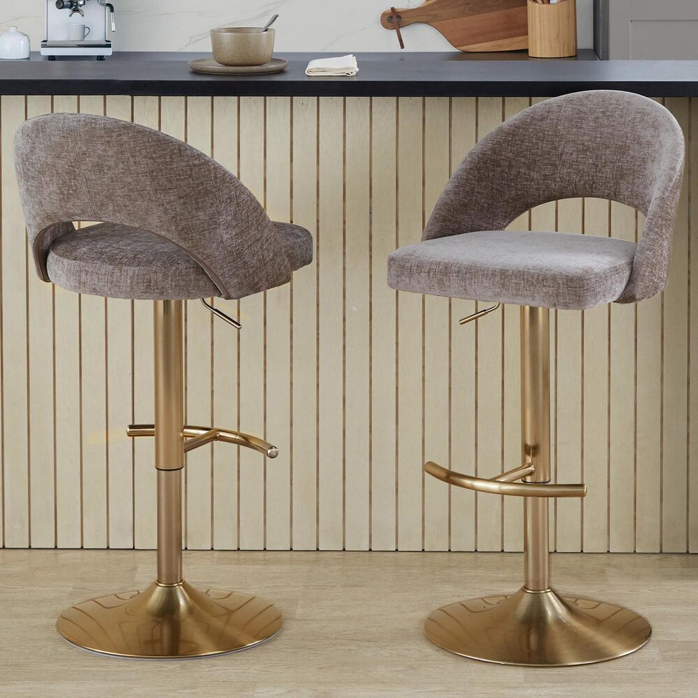 LumiSource Renee Adjustable Swivel Bar Stool with Brown Fabric Upholstery in Gold (Set of 2), , large