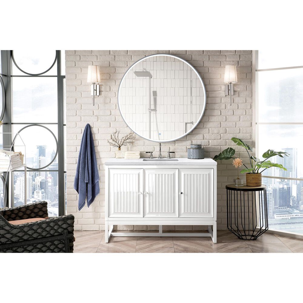 James Martin Vanities Athens 48&quot; Single Bathroom Vanity in Glossy White with 3 cm Arctic Fall Solid Surface Top and Rectangular Sink, , large