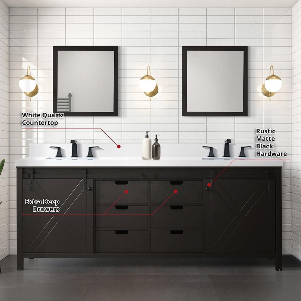 Lexora Home Marsyas 84&quot; Double Bathroom Vanity in Brown with White Quartz Top and Rectangular Sinks, , large