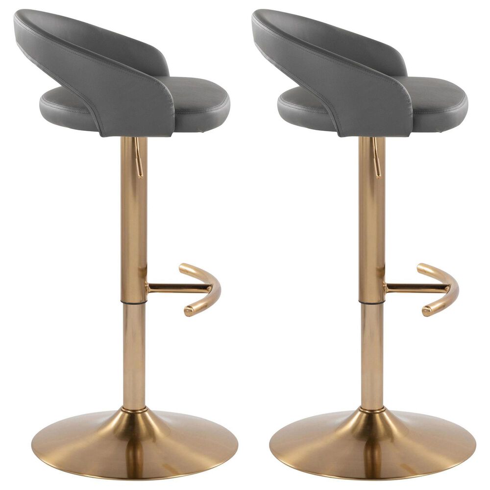 LumiSource Grotto Adjustable Bar Stool with Grey Faux Leather Upholstery in Gold (Set of 2), , large