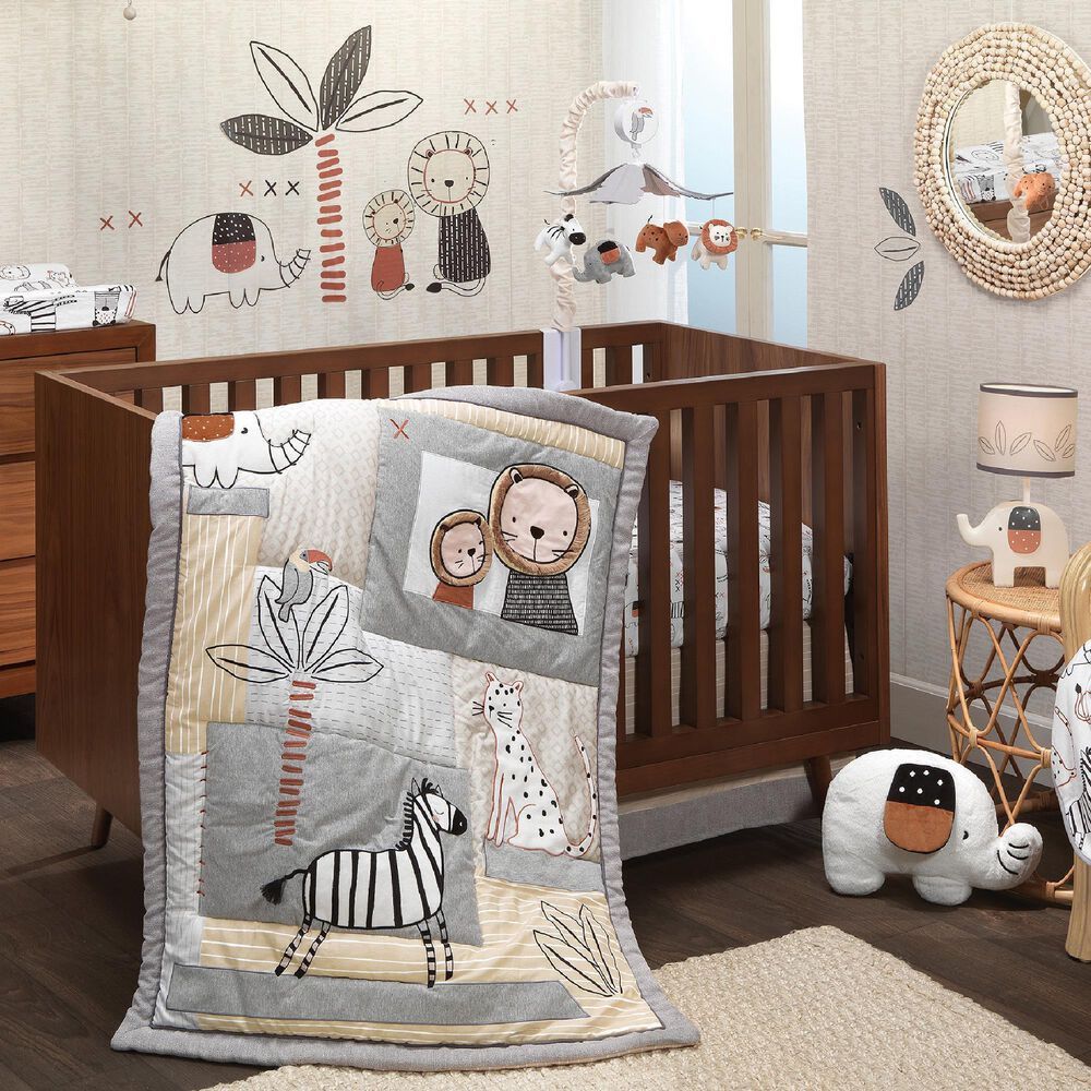 Lambs and Ivy Patchwork Jungle 4-Piece Crib Bedding Set in Heather Gray, Creamy and White, , large