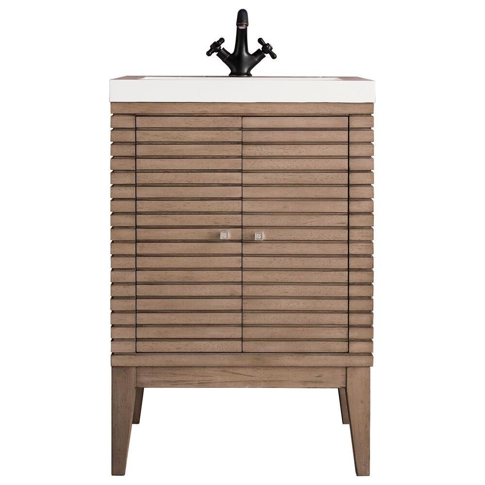 James Martin Vanities Linden 24" Single Bathroom Vanity in Whitewashed Walnut with 5 cm White Glossy Resin Top and Rectangular Sink, , large