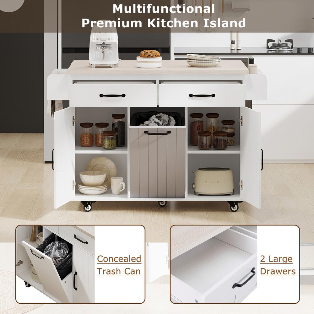 HOMLUX 44" Kitchen Island with Trash Can Storage Cabinet in White, , large