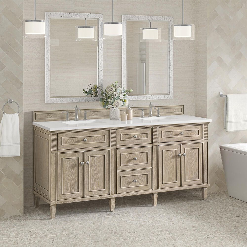 James Martin Vanities Lorelai 72&quot; Double Vanity in Whitewashed Oak with 3 cm White Zeus Quartz Top, , large