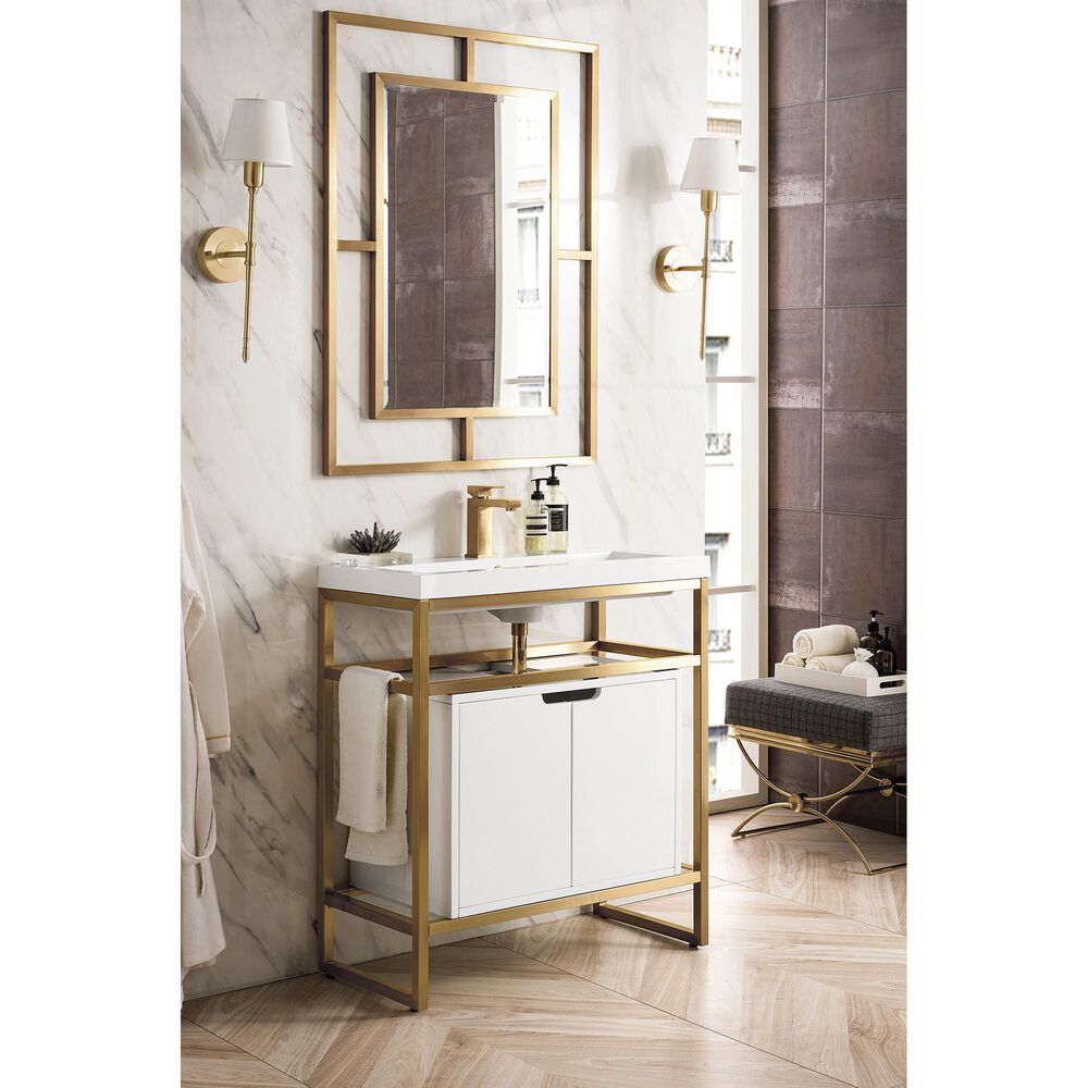 James Martin Vanities Boston 31.5&quot; Single White Door Bathroom Vanity in Radiant Gold with 3 cm White Glossy Resin Countertop and Rectangular Sink, , large
