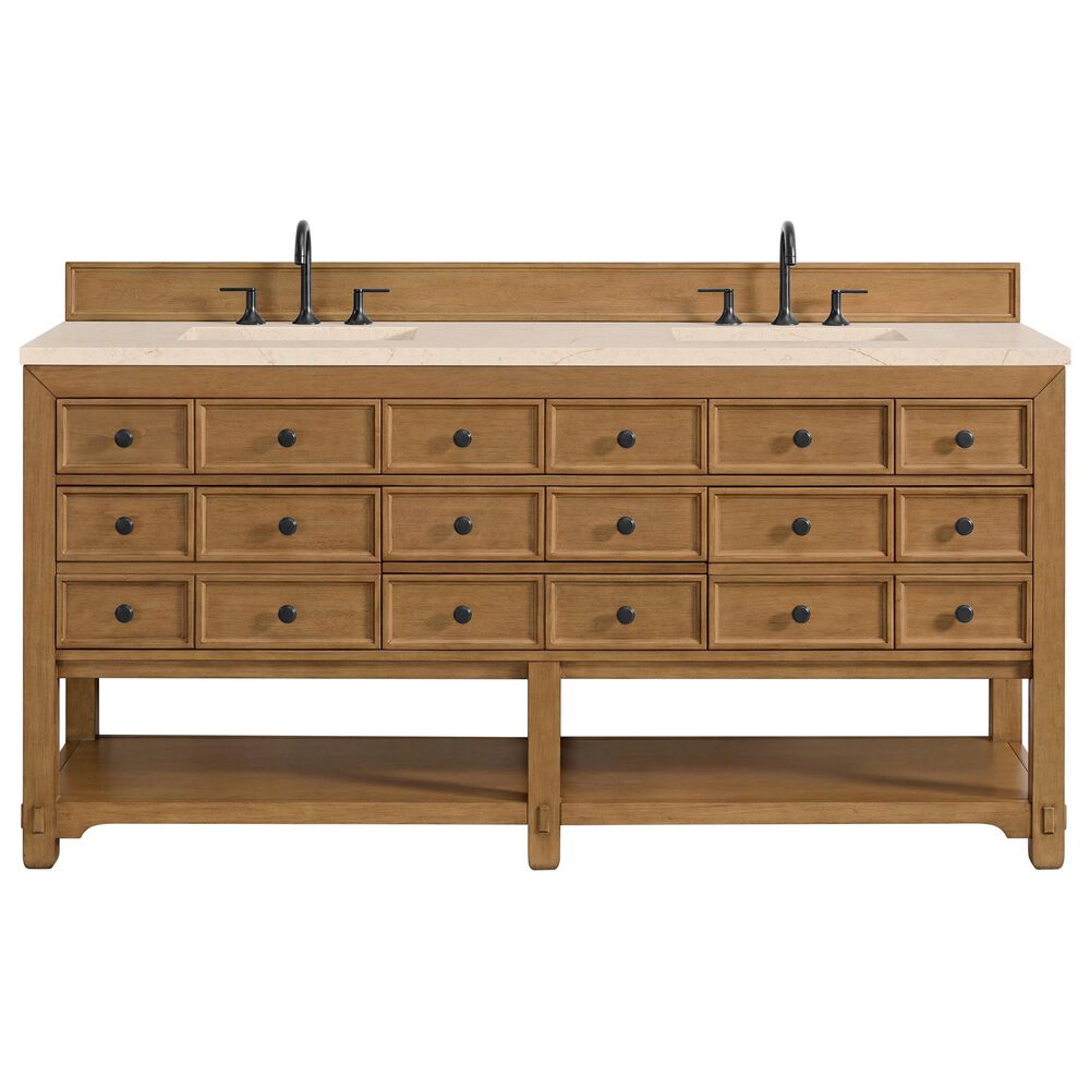 James Martin Vanities Malibu 72" Double Bathroom Vanity in Amber Birch with 3 cm Eternal Marfil Quartz Top and Rectangular Sinks, , large