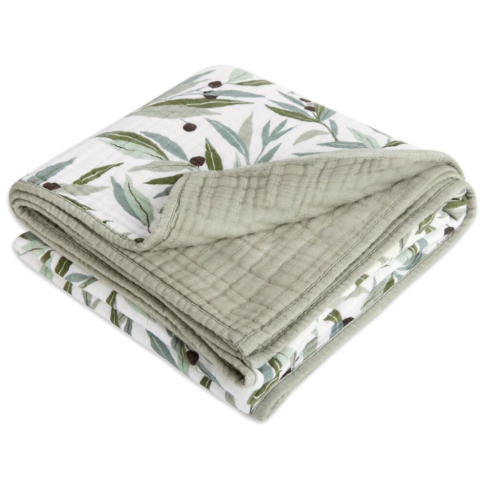 New Haus Olive Branches Muslin Quilt in Green and White, , large