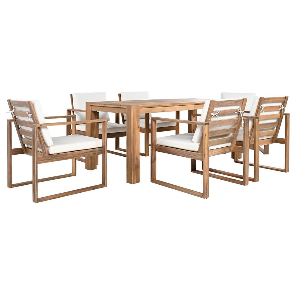 HOMLUX 7-Piece Patio Dining Set with 69" Rectangular Light Teak Table and Umbrella Hole in Beige, , large