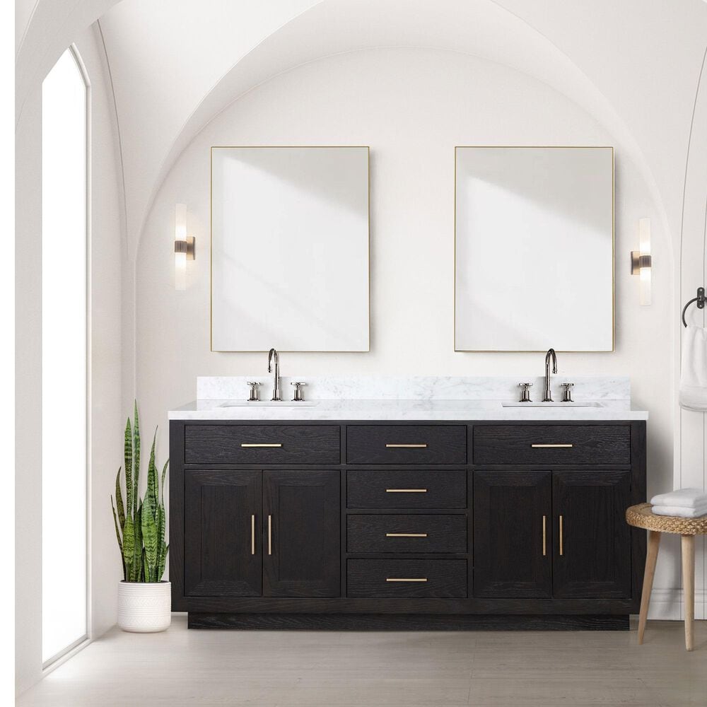 Lexora Home Abbey 72&quot; Double Bathroom Vanity in Black Oak with 2 cm White Carrara Marble Top and Rectangular Sinks, , large