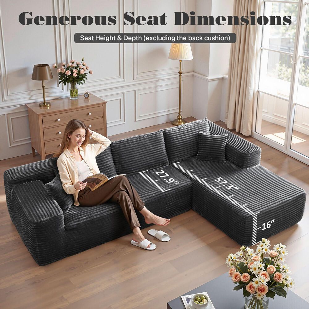 HOMLUX 104" Cloud Sectional Couch Upholstered Modular Sofa with Right L-Shape Chaise, Corduroy Fabric in Gray, , large