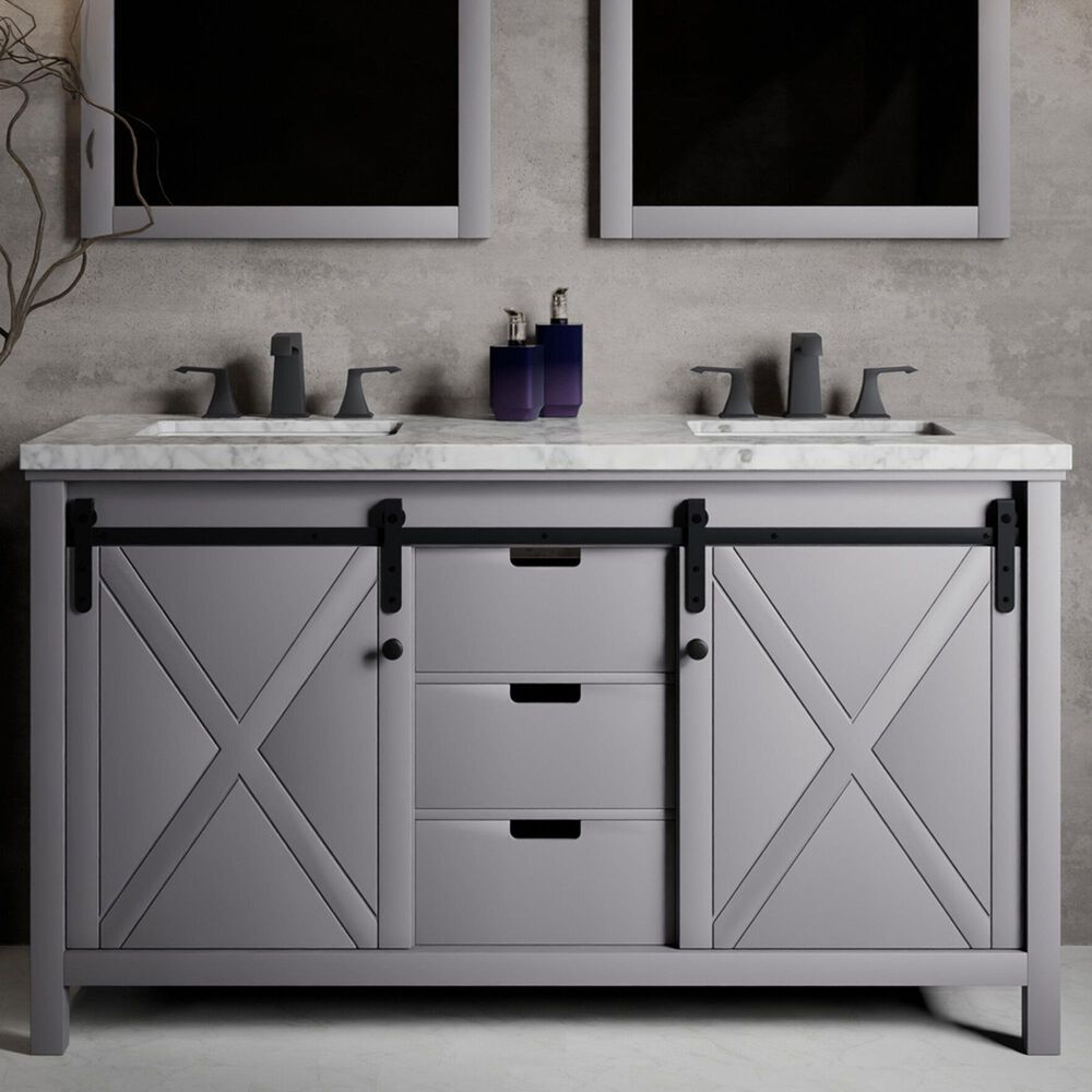 Lexora Home Marsyas 60" Double Bathroom Vanity in Dark Grey with White Carrara Marble Top and Rectangular Sinks, , large