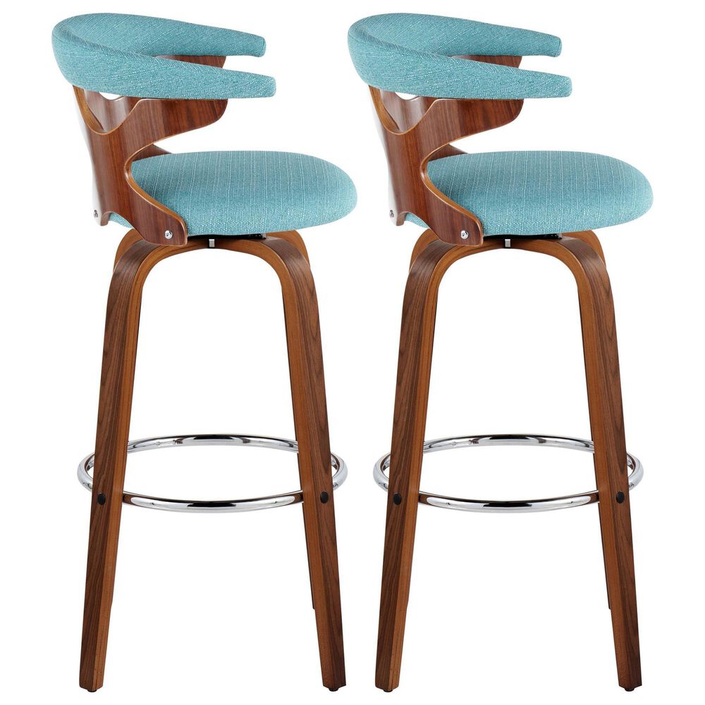 LumiSource Gardenia Swivel Fixed-Height Bar Stool with Teal Fabric Upholstery in Chrome and Walnut (Set of 2), , large