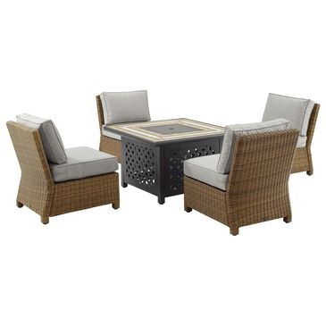 Crosley Furniture Bradenton and Tucson 5-Piece Fire Pit Set with Gray Cushion in Weathered Brown, , large