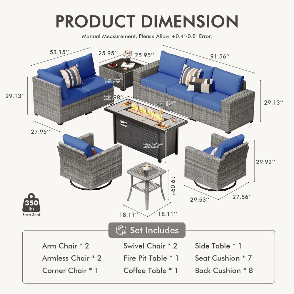 HOMLUX 10-Piece Outdoor Patio Wicker Sectional Furniture Set in Navy Blue, , large