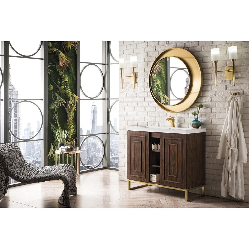 James Martin Vanities Alicante 39.5&quot; Single Bathroom Vanity in Mid Century Acacia and Radiant Gold with 5 cm White Glossy Resin Top and Rectangular Sink, , large