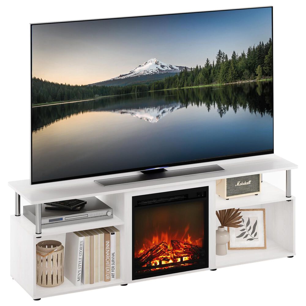 HOMLUX 63" TV Stand with Electric Fireplace in White Oak and Stainless Steel, , large