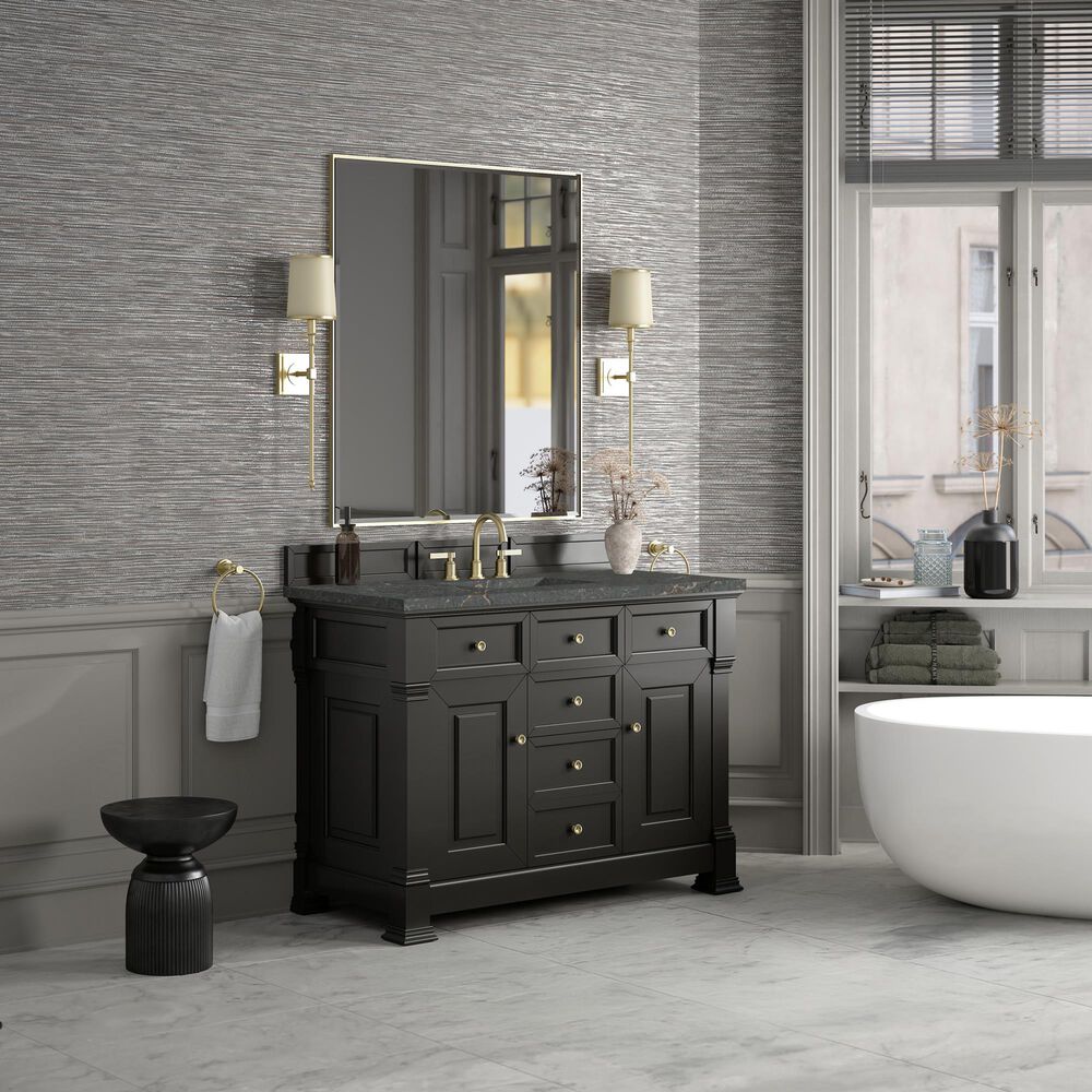 James Martin Vanities Brookfield 48" Single Bathroom Vanity in Black Onyx with 3 cm Parisien Bleu Silestone Top, Rectangle Sink and FreePower Wireless Charger, , large