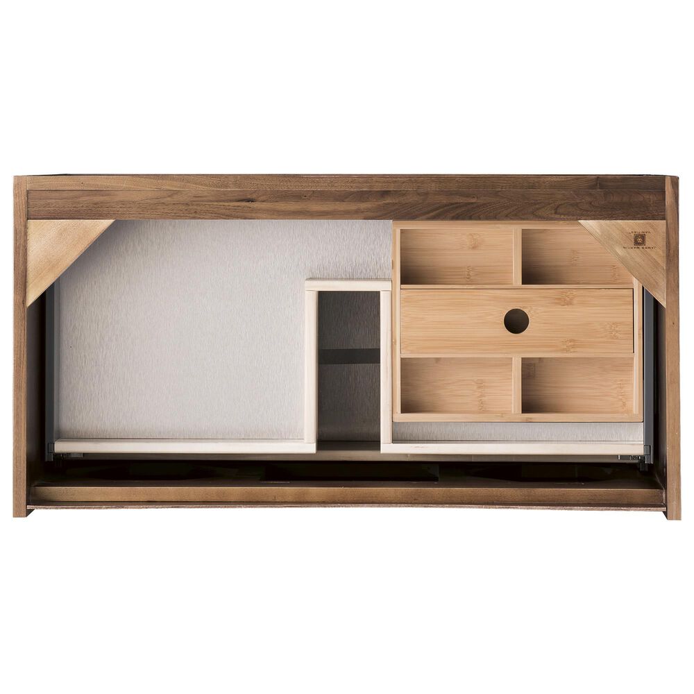 James Martin Vanities Mantova 35.4&quot; Single Vanity in Mid-Century Walnut and Champagne Brass with 3 cm Glossy White Composite Stone Top and Rectangular Sink, , large