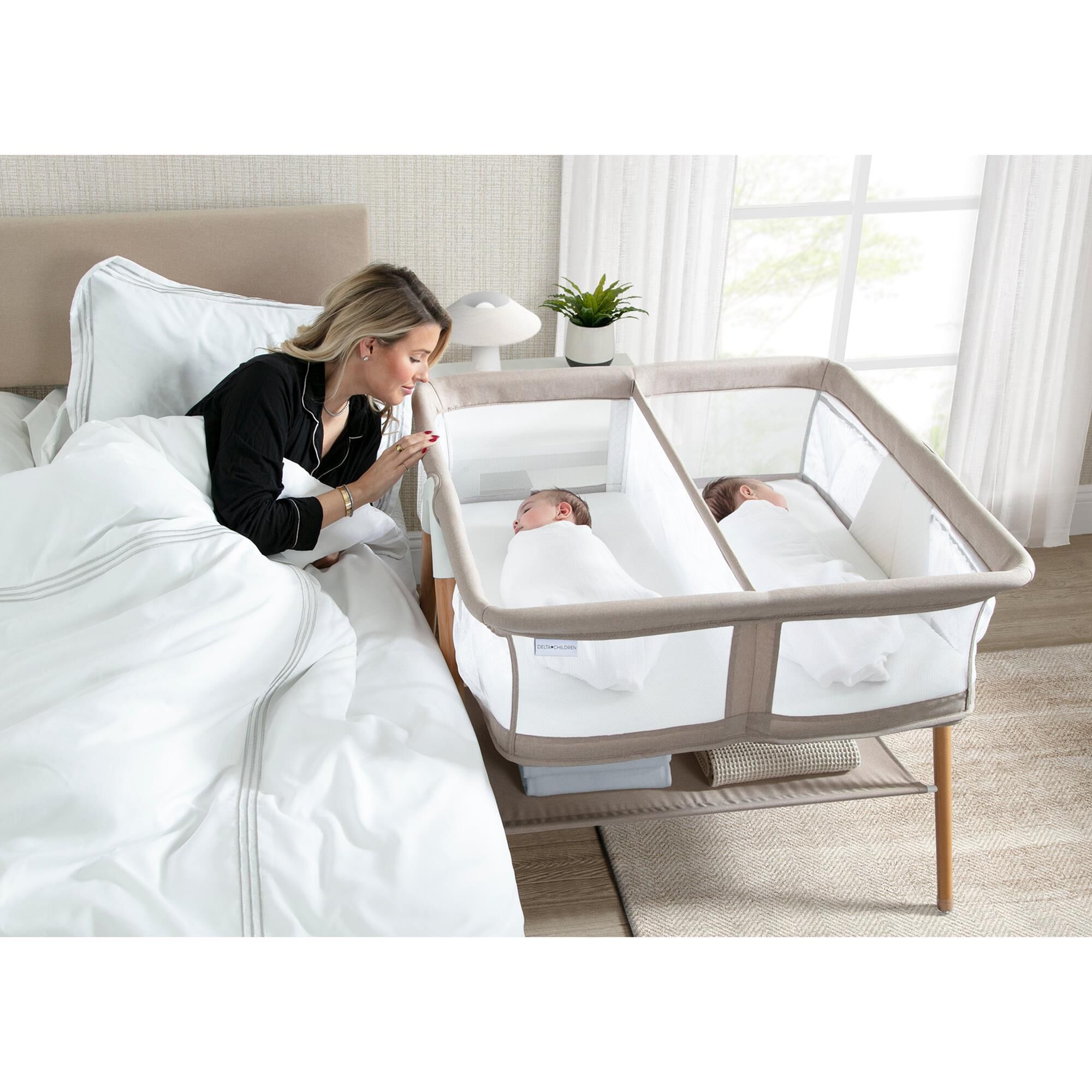 Delta Children Bondi Beechwood Twin Bassinet in Tan