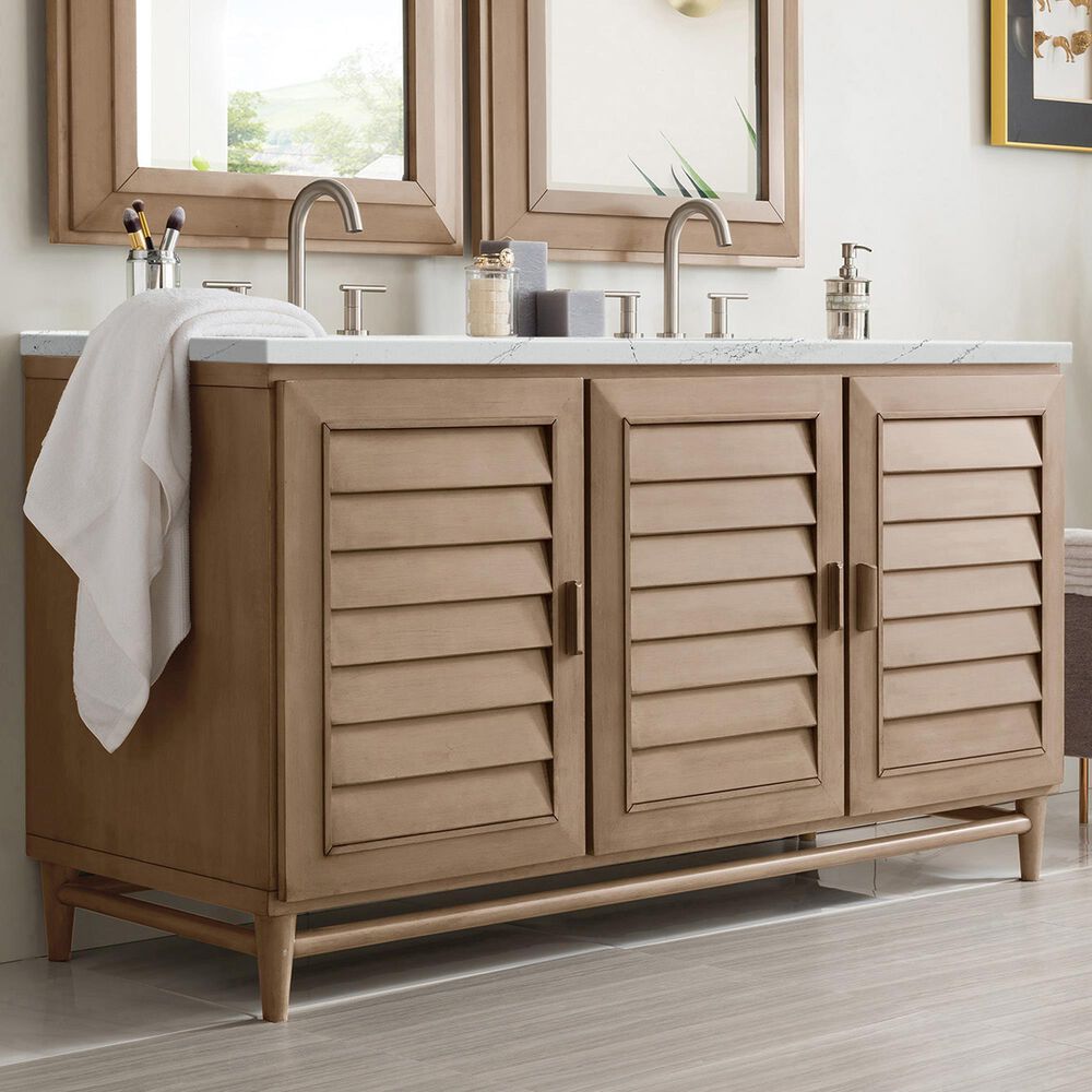 James Martin Vanities Portland 60&quot; Double Bathroom Vanity in Whitewashed Walnut with 3 cm Ethereal Noctis Quartz Top and Rectangular Sinks, , large