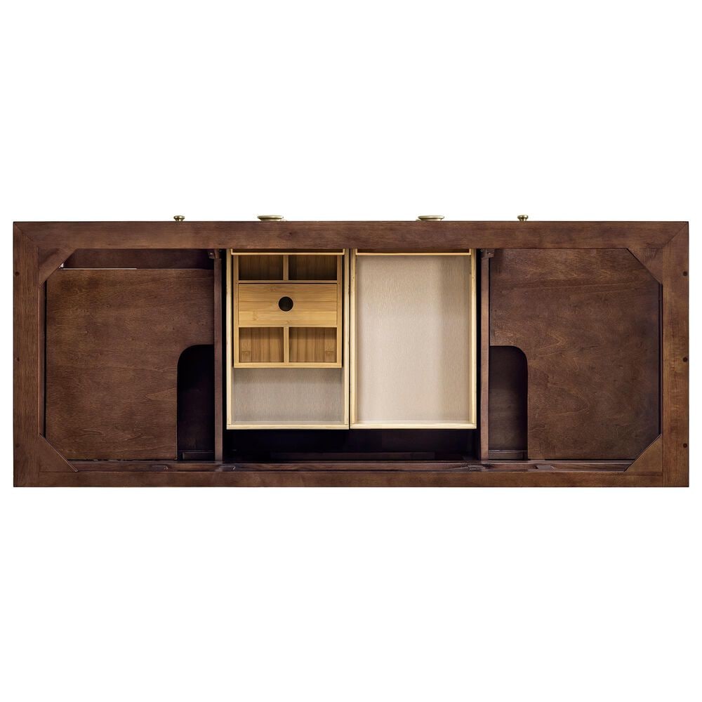 James Martin Vanities Amberly 60" Double Bathroom Vanity in Mid-Century Walnut with 3 cm Eternal Jasmine Pearl Silestone Top, Rectangular Sinks and FreePower Wireless Charger, , large