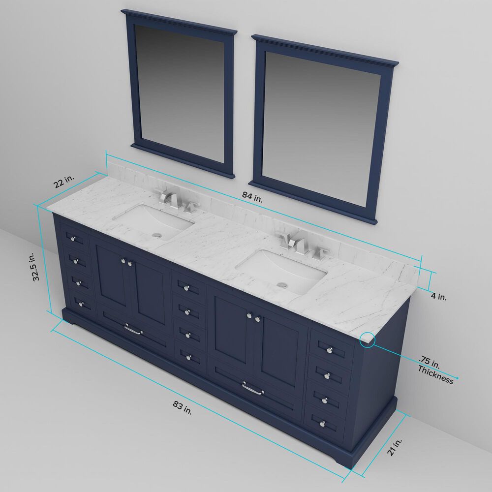 Lexora Home Dukes 84" Double Bathroom Vanity in Navy Blue with 2 cm White Cultured Marble Top and Rectangular Sinks, , large