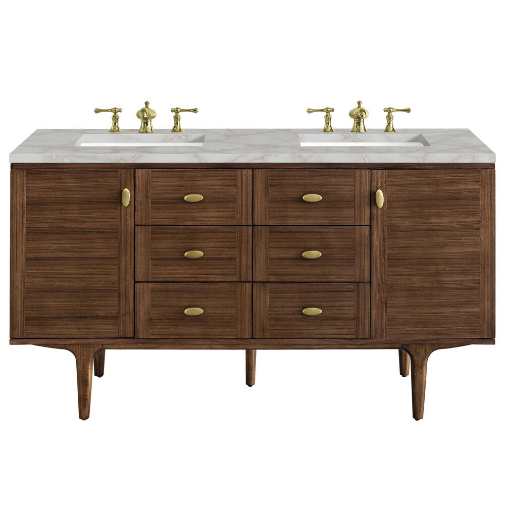 James Martin Vanities Amberly 60&quot; Double Bathroom Vanity in Mid-Century Walnut with 3 cm Victorian Silver Quartz Top and Rectangular Sinks, , large