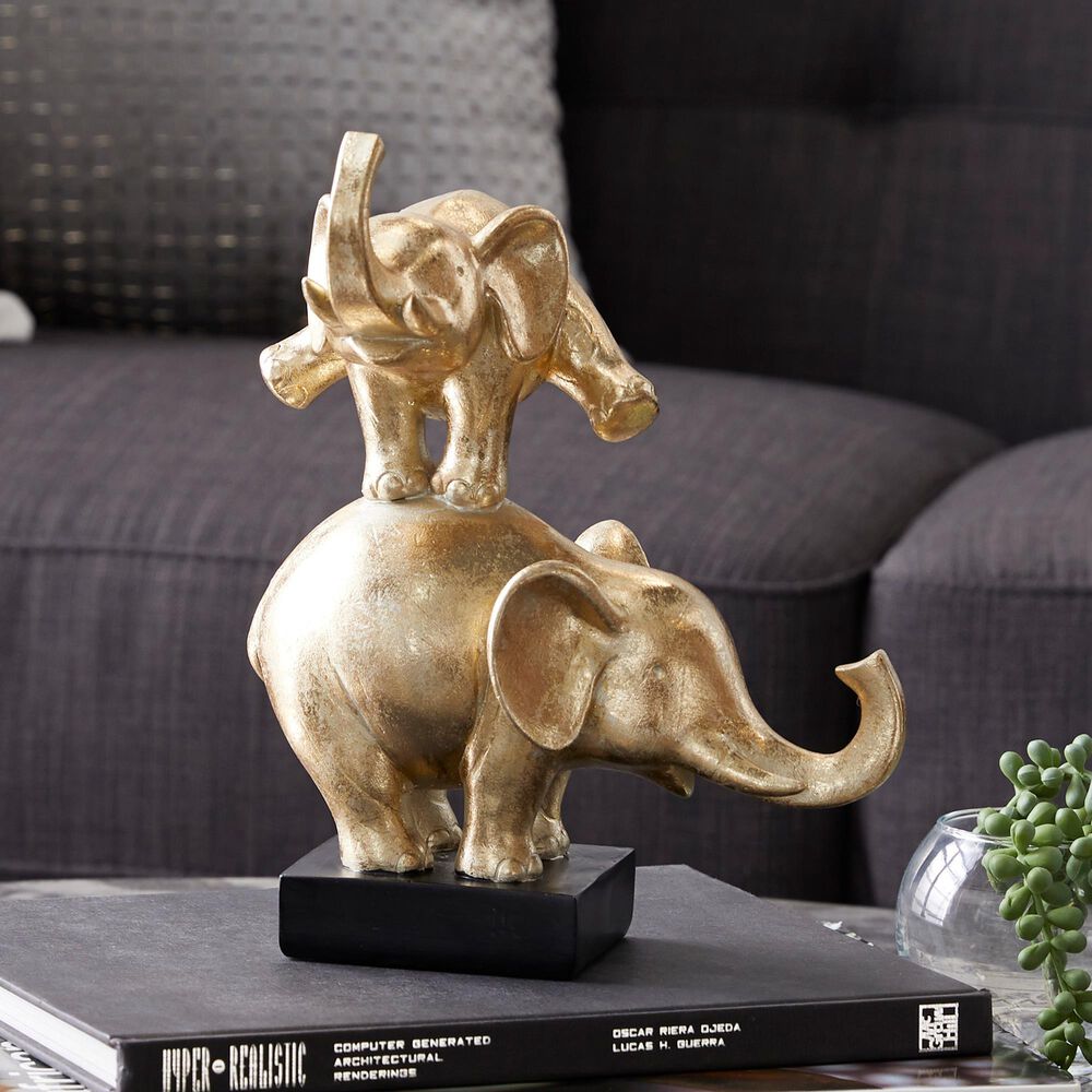 Maple and Jade 10&quot; x 8&quot; Elephant Sculpture in Gold and Black, , large
