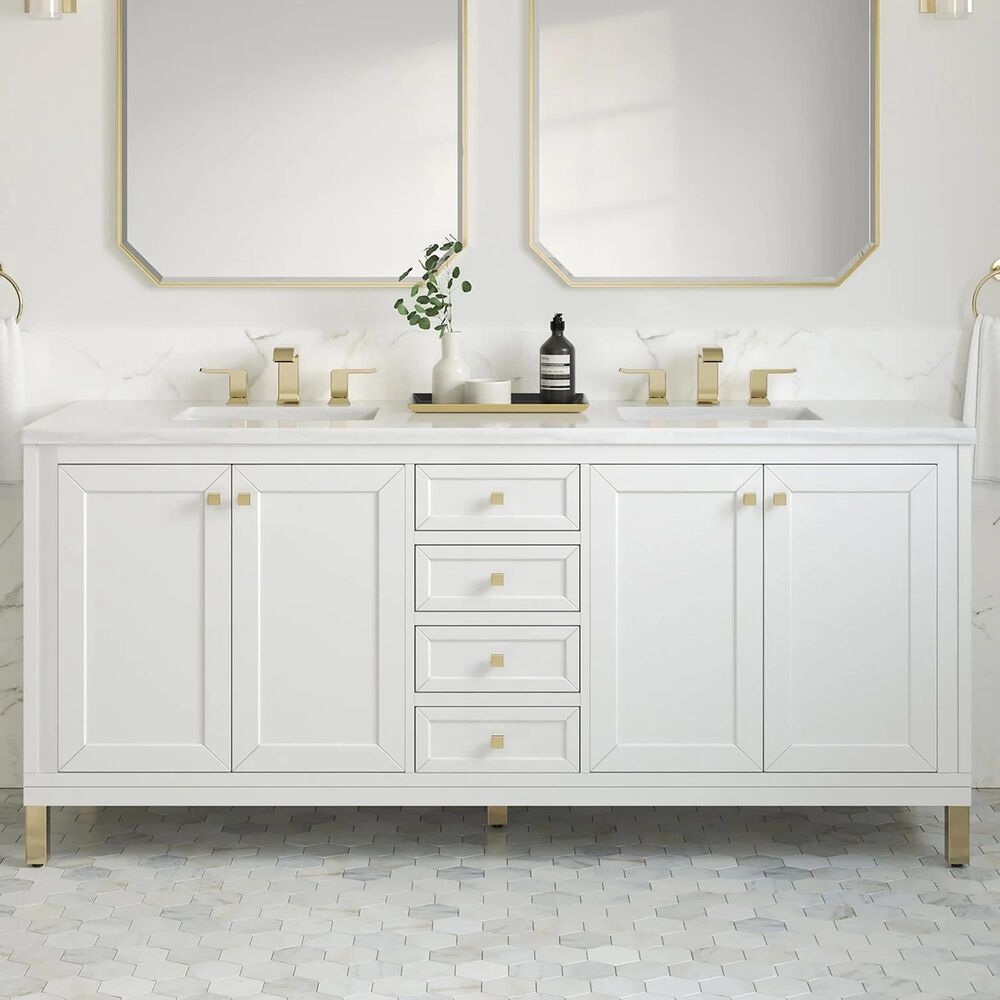 James Martin Vanities Chicago 72&quot; Double Bathroom Vanity in Glossy White with 3 cm Arctic Fall Solid Surface Top and Rectangular Sinks, , large