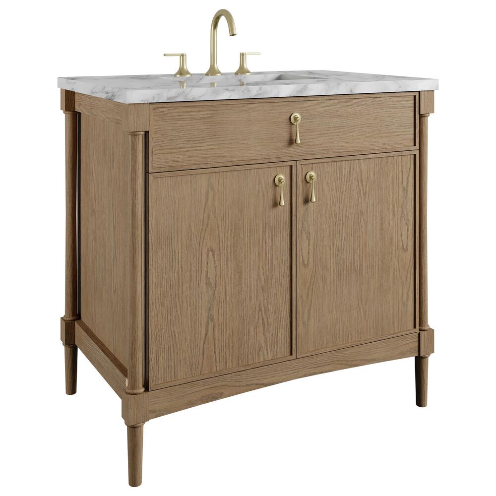 James Martin Kinnsden 36" Single Bathroom Vanity in Weathered Oak with 3 cm Carrara Marble Top and Rectangular Sink, , large
