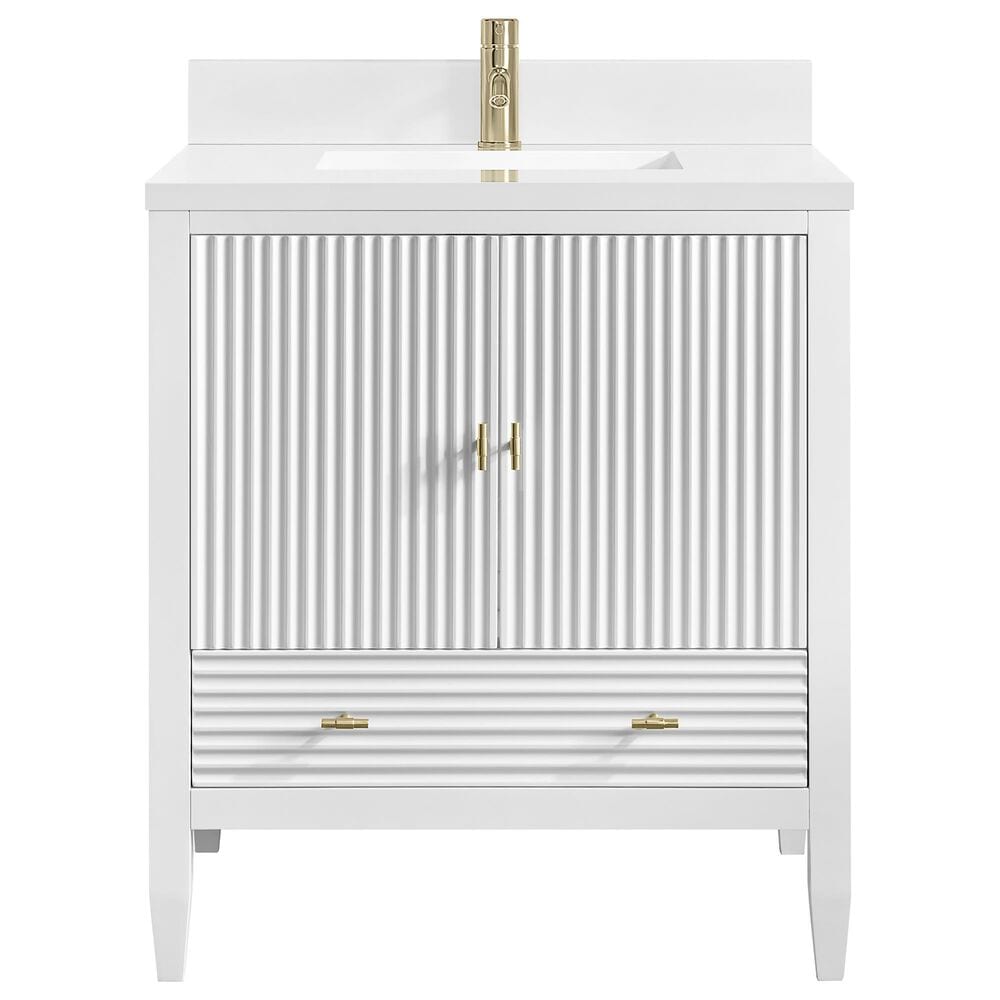 James Martin Myrrin 30" Single Bathroom Vanity in Bright White with Single Hole 3 cm White Zeus Silestone Top and Rectangular Sink, , large
