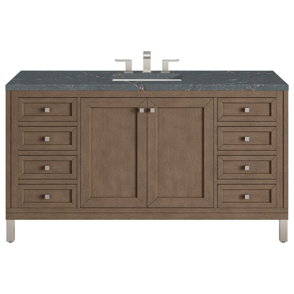 James Martin Vanities Chicago 60&quot; Single Bathroom Vanity in Whitewashed Walnut with 3 cm Parisien Bleu Quartz Top and Rectangular Sink, , large