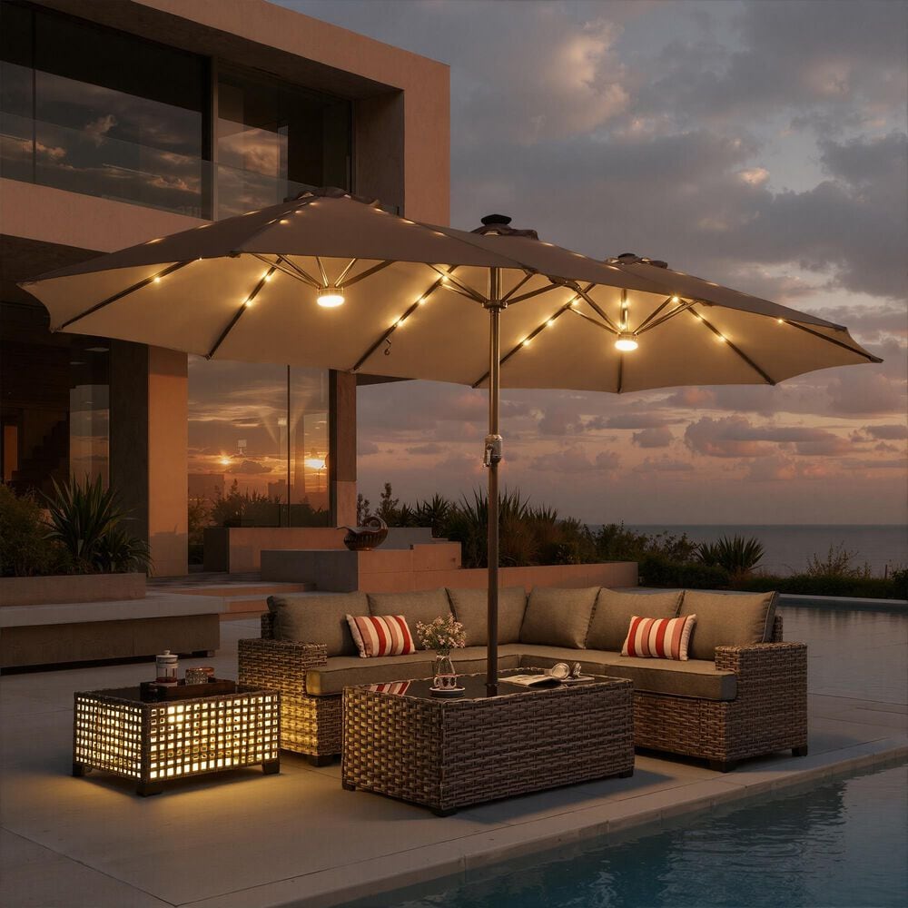big square patio umbrella cafe GREEN PARTY 15 ft Large Outdoor with Solar Led Lights & Base Included, Double-Sided Rectangular Table Umbrella with Stand, Market Umbrellas for Deck Poolside Garden Backyard, Navy Blue resistant materials 10x10 FT Square Cantilever Patio
