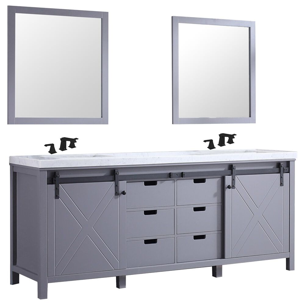 Lexora Home Marsyas 80" Double Bathroom Vanity in Dark Grey with White Carrara Marble Top, Rectangle Sinks, Matte Black Faucets and Mirrors, , large