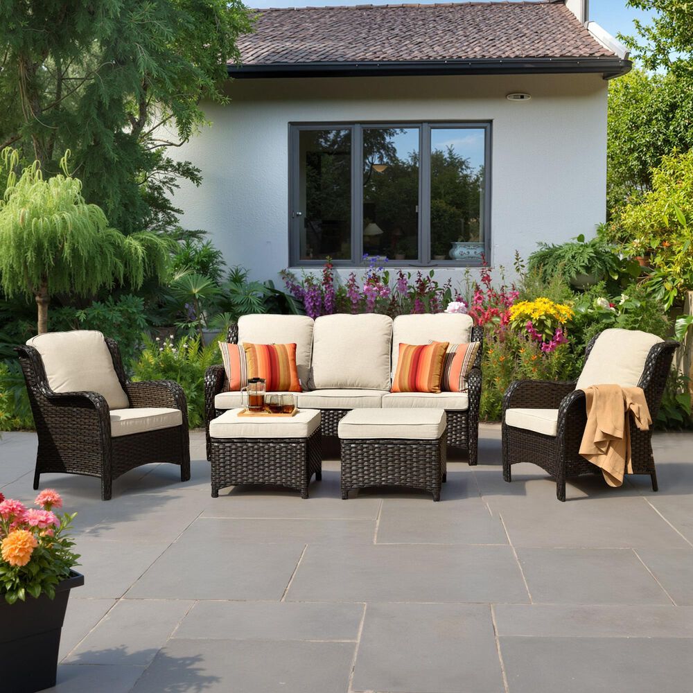 HOMLUX 5-Piece Patio Furniture Set with Chairs and Ottomans, High Back Outdoor Sofa Set, Brown Rattan in Beige, , large