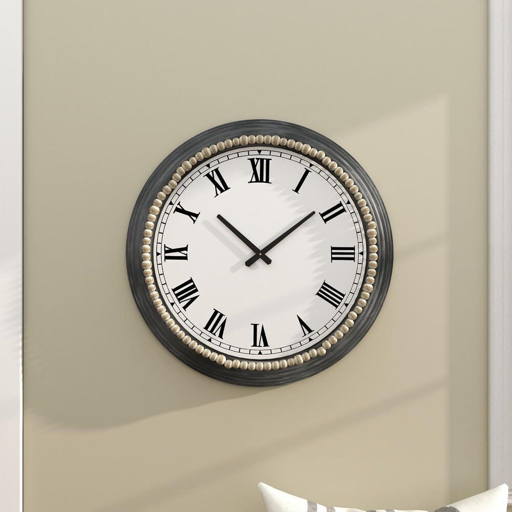 Maple and Jade Decorative Wall Clock with Beaded Accents in Washed Black and White, , large