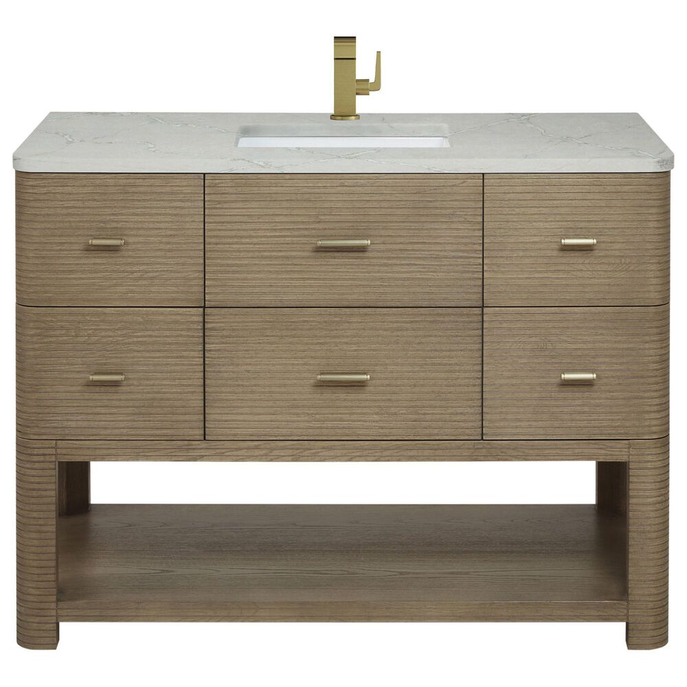 James Martin Vanities Lucian 48" Single Bathroom Vanity in Pebble Oak with 3 cm Victorian Silver Quartz Top, Rectangular Sink and FreePower Wireless Charger, , large