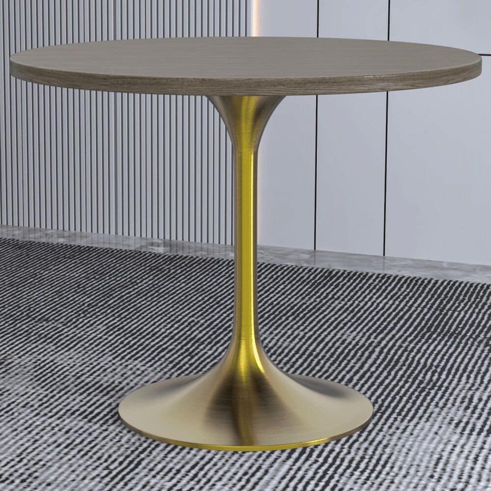 Leisuremod LeisureMod Verve Collection 36 Round Dining Table, Brushed Gold Base with Dark Maple MDF Top, , large