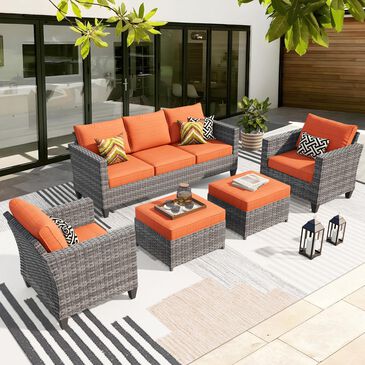 HOMLUX HOMLUX 5-Piece Outdoor Wicker Patio Furniture Set, High Back Rattan Sofa with Chairs, Ottomans & Cushions in Orange Red, , large